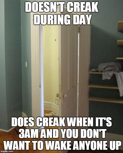 Troll Door | DOESN'T CREAK DURING DAY DOES CREAK WHEN IT'S 3AM AND YOU DON'T WANT TO WAKE ANYONE UP | image tagged in door,night,meme | made w/ Imgflip meme maker