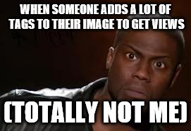 Kevin Hart Meme | WHEN SOMEONE ADDS A LOT OF TAGS TO THEIR IMAGE TO GET VIEWS (TOTALLY NOT ME) | image tagged in memes,kevin hart the hell,views,scumbag,bad luck brian,one does not simply | made w/ Imgflip meme maker