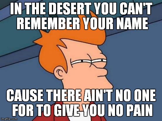 Futurama Fry Meme | IN THE DESERT YOU CAN'T REMEMBER YOUR NAME CAUSE THERE AIN'T NO ONE FOR TO GIVE YOU NO PAIN | image tagged in memes,futurama fry | made w/ Imgflip meme maker