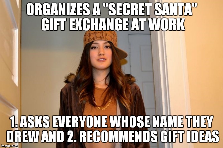 Kinda takes the secrecy and fun out of it, no? | ORGANIZES A "SECRET SANTA" GIFT EXCHANGE AT WORK 1. ASKS EVERYONE WHOSE NAME THEY DREW AND 2. RECOMMENDS GIFT IDEAS | image tagged in scumbag stephanie,secret santa,ashleigh,sports authority,aurora | made w/ Imgflip meme maker