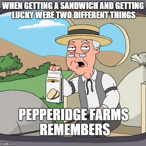 Pepperidge Farm Remembers | WHEN GETTING A SANDWICH AND GETTING LUCKY WERE TWO DIFFERENT THINGS PEPPERIDGE FARMS REMEMBERS | image tagged in memes,pepperidge farm remembers | made w/ Imgflip meme maker