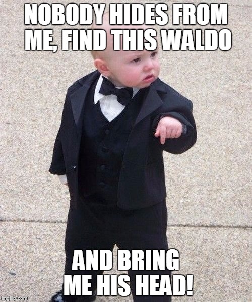 Baby Godfather | NOBODY HIDES FROM ME, FIND THIS WALDO AND BRING ME HIS HEAD! | image tagged in memes,baby godfather | made w/ Imgflip meme maker