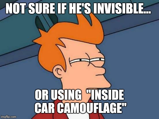 Futurama Fry Meme | NOT SURE IF HE'S INVISIBLE... OR USING  "INSIDE CAR CAMOUFLAGE" | image tagged in memes,futurama fry | made w/ Imgflip meme maker