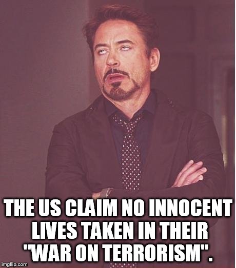 Face You Make Robert Downey Jr | THE US CLAIM NO INNOCENT LIVES TAKEN IN THEIR "WAR ON TERRORISM". | image tagged in memes,face you make robert downey jr | made w/ Imgflip meme maker