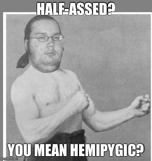 Overly nerdy nerd | HALF-ASSED? YOU MEAN HEMIPYGIC? | image tagged in overly nerdy nerd | made w/ Imgflip meme maker