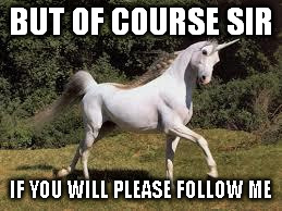 BUT OF COURSE SIR IF YOU WILL PLEASE FOLLOW ME | image tagged in unicorn | made w/ Imgflip meme maker