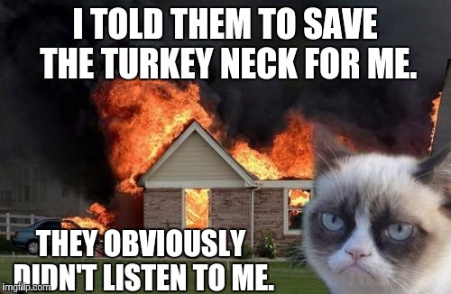 Burn Kitty | I TOLD THEM TO SAVE THE TURKEY NECK FOR ME. THEY OBVIOUSLY DIDN'T LISTEN TO ME. | image tagged in memes,burn kitty | made w/ Imgflip meme maker