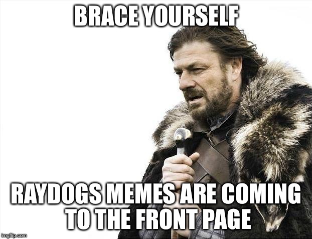 Brace Yourselves X is Coming | BRACE YOURSELF RAYDOGS MEMES ARE COMING TO THE FRONT PAGE | image tagged in memes,brace yourselves x is coming | made w/ Imgflip meme maker