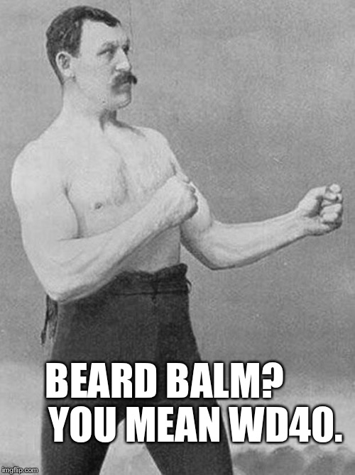 thefighter | BEARD BALM?       
YOU MEAN WD40. | image tagged in thefighter | made w/ Imgflip meme maker