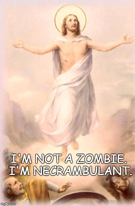 Jesus rising | I'M NOT A ZOMBIE. I'M NECRAMBULANT. | image tagged in jesus rising | made w/ Imgflip meme maker