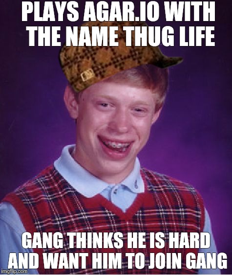 Bad Luck Brian | PLAYS AGAR.IO WITH THE NAME THUG LIFE GANG THINKS HE IS HARD AND WANT HIM TO JOIN GANG | image tagged in memes,bad luck brian,scumbag | made w/ Imgflip meme maker