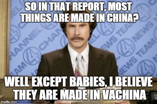 Ron Burgundy Meme | SO IN THAT REPORT, MOST THINGS ARE MADE IN CHINA? WELL EXCEPT BABIES, I BELIEVE THEY ARE MADE IN VACHINA | image tagged in memes,ron burgundy | made w/ Imgflip meme maker