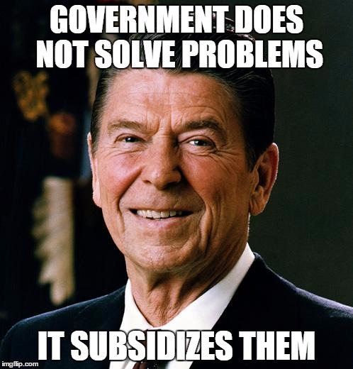 Ronald Reagan face | GOVERNMENT DOES NOT SOLVE PROBLEMS IT SUBSIDIZES THEM | image tagged in ronald reagan face | made w/ Imgflip meme maker
