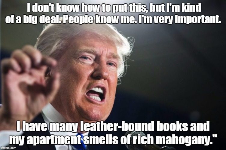 donald trump | I don't know how to put this, but I'm kind of a big deal. People know me. I'm very important. I have many leather-bound books and my apartme | image tagged in donald trump | made w/ Imgflip meme maker