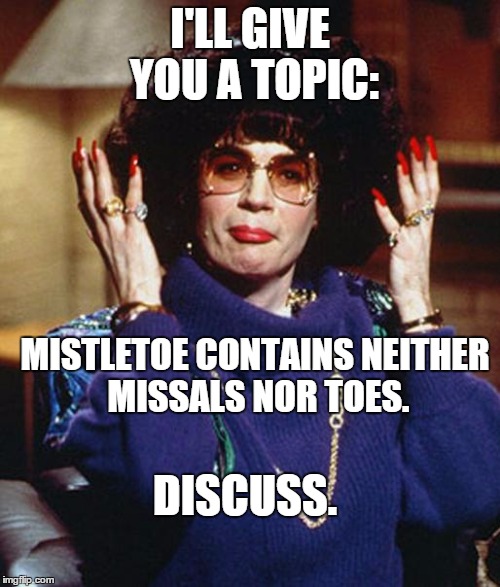 Mistletoe | I'LL GIVE YOU A TOPIC: MISTLETOE CONTAINS NEITHER MISSALS NOR TOES. DISCUSS. | image tagged in coffee talk with linda richman,memes,mistletoe | made w/ Imgflip meme maker