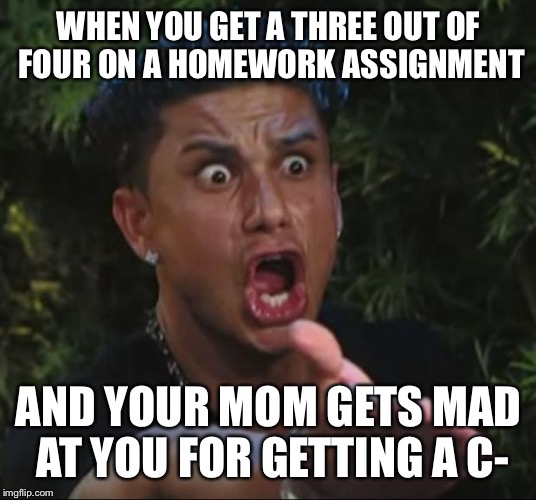 DJ Pauly D | WHEN YOU GET A THREE OUT OF FOUR ON A HOMEWORK ASSIGNMENT AND YOUR MOM GETS MAD AT YOU FOR GETTING A C- | image tagged in memes,dj pauly d | made w/ Imgflip meme maker
