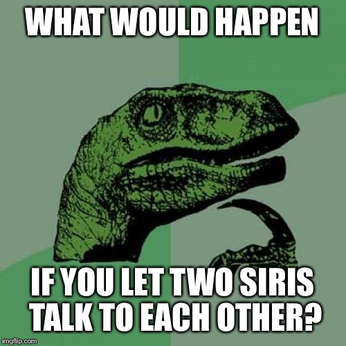 Philosoraptor Meme | WHAT WOULD HAPPEN IF YOU LET TWO SIRIS TALK TO EACH OTHER? | image tagged in memes,philosoraptor | made w/ Imgflip meme maker