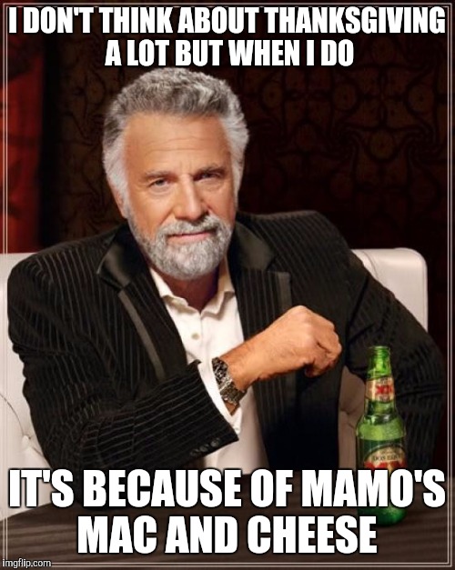 The Most Interesting Man In The World | I DON'T THINK ABOUT THANKSGIVING A LOT BUT WHEN I DO IT'S BECAUSE OF MAMO'S MAC AND CHEESE | image tagged in memes,the most interesting man in the world | made w/ Imgflip meme maker