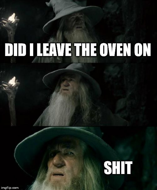 Confused Gandalf Meme | DID I LEAVE THE OVEN ON SHIT | image tagged in memes,confused gandalf | made w/ Imgflip meme maker