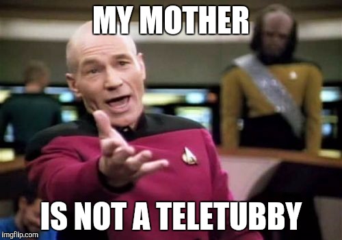 Picard Wtf Meme | MY MOTHER IS NOT A TELETUBBY | image tagged in memes,picard wtf | made w/ Imgflip meme maker