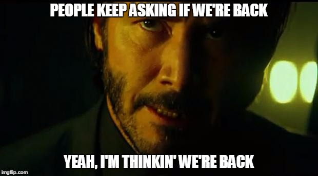 John Wick | PEOPLE KEEP ASKING IF WE'RE BACK YEAH, I'M THINKIN' WE'RE BACK | image tagged in john wick | made w/ Imgflip meme maker