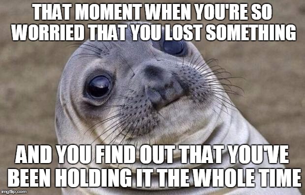 Awkward Moment Sealion | THAT MOMENT WHEN YOU'RE SO WORRIED THAT YOU LOST SOMETHING AND YOU FIND OUT THAT YOU'VE BEEN HOLDING IT THE WHOLE TIME | image tagged in memes,awkward moment sealion | made w/ Imgflip meme maker