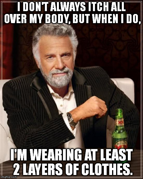 Scratching through a suit jacket is very difficult. | I DON'T ALWAYS ITCH ALL OVER MY BODY, BUT WHEN I DO, I'M WEARING AT LEAST 2 LAYERS OF CLOTHES. | image tagged in memes,the most interesting man in the world | made w/ Imgflip meme maker