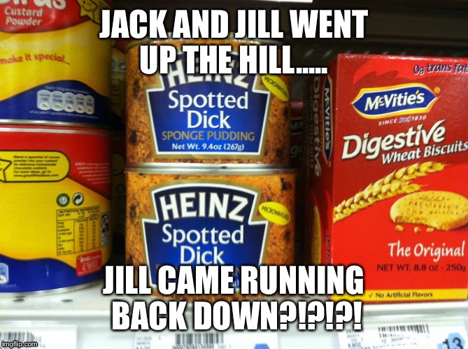 Spotted Dick? | JACK AND JILL WENT UP THE HILL..... JILL CAME RUNNING BACK DOWN?!?!?! | image tagged in wtf | made w/ Imgflip meme maker