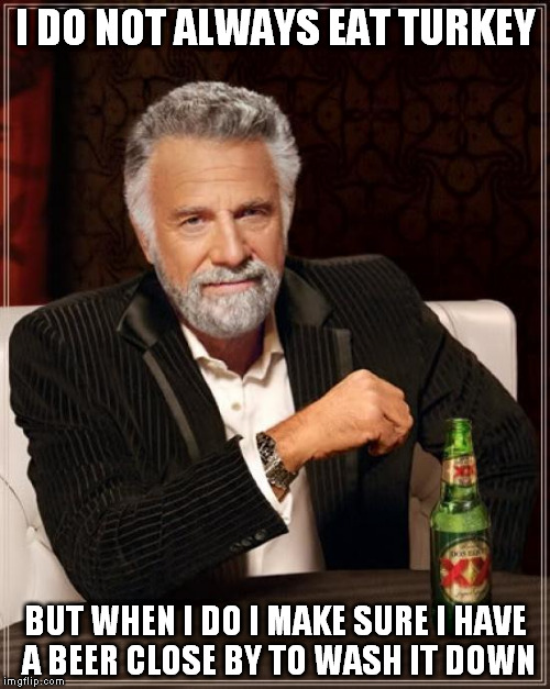 The Most Interesting Man In The World | I DO NOT ALWAYS EAT TURKEY BUT WHEN I DO I MAKE SURE I HAVE A BEER CLOSE BY TO WASH IT DOWN | image tagged in memes,the most interesting man in the world | made w/ Imgflip meme maker