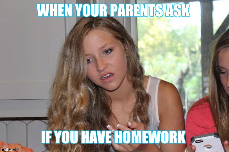 WHEN YOUR PARENTS ASK IF YOU HAVE HOMEWORK | image tagged in high school,makeup,the face you make | made w/ Imgflip meme maker
