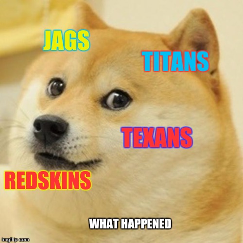 Doge Meme | JAGS TITANS TEXANS REDSKINS WHAT HAPPENED | image tagged in memes,doge | made w/ Imgflip meme maker