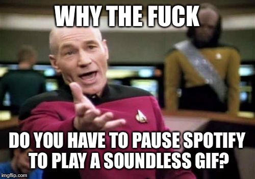 Picard Wtf Meme | WHY THE F**K DO YOU HAVE TO PAUSE SPOTIFY TO PLAY A SOUNDLESS GIF? | image tagged in memes,picard wtf,AdviceAnimals | made w/ Imgflip meme maker