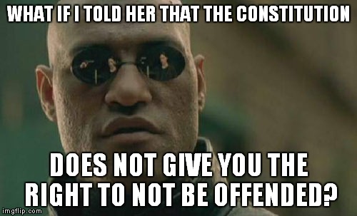 Matrix Morpheus Meme | WHAT IF I TOLD HER THAT THE CONSTITUTION DOES NOT GIVE YOU THE RIGHT TO NOT BE OFFENDED? | image tagged in memes,matrix morpheus | made w/ Imgflip meme maker