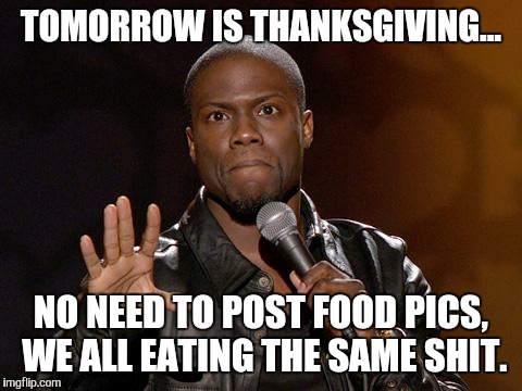 kevin hart | TOMORROW IS THANKSGIVING... NO NEED TO POST FOOD PICS, WE ALL EATING THE SAME SHIT. | image tagged in kevin hart | made w/ Imgflip meme maker