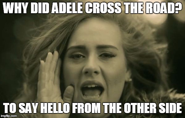 adele hello | WHY DID ADELE CROSS THE ROAD? TO SAY HELLO FROM THE OTHER SIDE | image tagged in adele hello | made w/ Imgflip meme maker