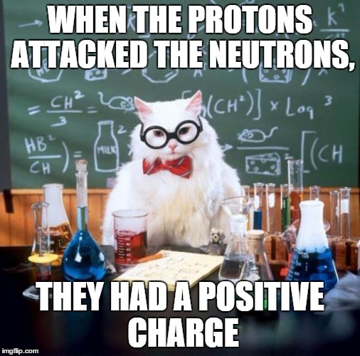 Chemistry Cat | WHEN THE PROTONS ATTACKED THE NEUTRONS, THEY HAD A POSITIVE CHARGE | image tagged in memes,chemistry cat | made w/ Imgflip meme maker