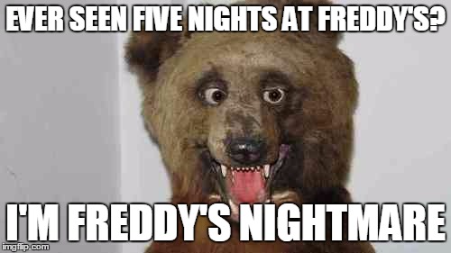 Bad Taxidermy Bear can be anyone's nightmare | EVER SEEN FIVE NIGHTS AT FREDDY'S? I'M FREDDY'S NIGHTMARE | image tagged in bad taxidermy bear,bear,animals,scary,five nights at freddy's | made w/ Imgflip meme maker