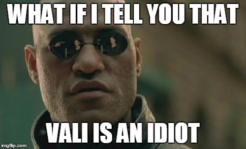 Matrix Morpheus | WHAT IF I TELL YOU THAT VALI IS AN IDIOT | image tagged in memes,matrix morpheus | made w/ Imgflip meme maker