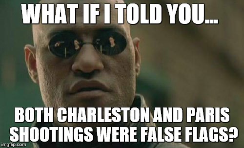 Matrix Morpheus Meme | WHAT IF I TOLD YOU... BOTH CHARLESTON AND PARIS SHOOTINGS WERE FALSE FLAGS? | image tagged in memes,matrix morpheus | made w/ Imgflip meme maker