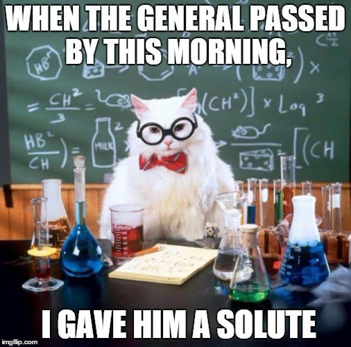 Chemistry Cat | WHEN THE GENERAL PASSED BY THIS MORNING, I GAVE HIM A SOLUTE | image tagged in memes,chemistry cat | made w/ Imgflip meme maker