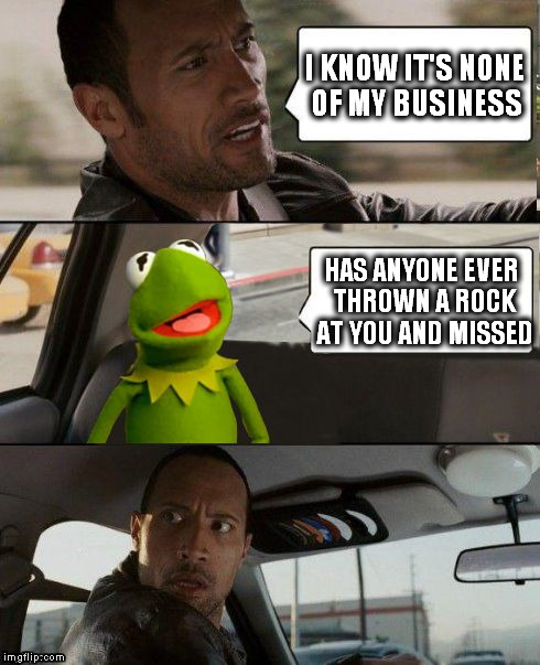 Kermit Throws A Rock | I KNOW IT'S NONE OF MY BUSINESS HAS ANYONE EVER THROWN A ROCK AT YOU AND MISSED | image tagged in kermit rocks,kermit the frog,but thats none of my business,kermit,memes,comedy | made w/ Imgflip meme maker