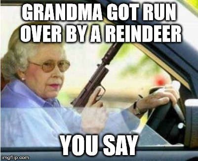 Grandma with a Gun | GRANDMA GOT RUN OVER BY A REINDEER YOU SAY | image tagged in grandma with a gun | made w/ Imgflip meme maker