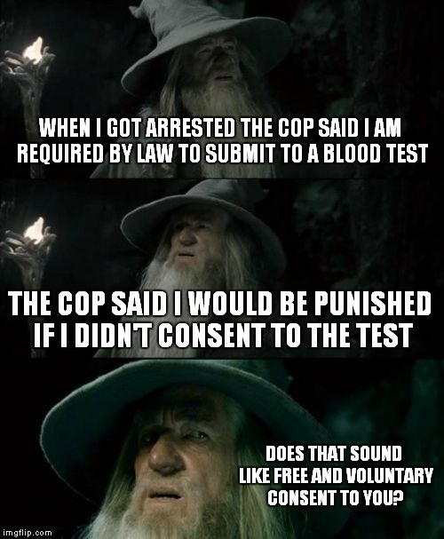 Confused Gandalf Meme | WHEN I GOT ARRESTED THE COP SAID I AM REQUIRED BY LAW TO SUBMIT TO A BLOOD TEST THE COP SAID I WOULD BE PUNISHED IF I DIDN'T CONSENT TO THE  | image tagged in memes,confused gandalf | made w/ Imgflip meme maker