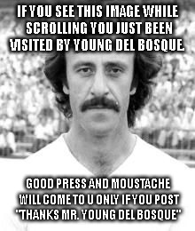 IF YOU SEE THIS IMAGE WHILE SCROLLING YOU JUST BEEN VISITED BY YOUNG DEL BOSQUE. GOOD PRESS AND MOUSTACHE WILL COME TO U ONLY IF YOU POST "T | made w/ Imgflip meme maker