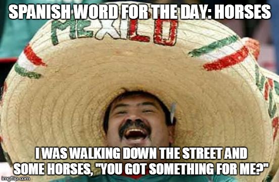 Happy Mexican | SPANISH WORD FOR THE DAY: HORSES I WAS WALKING DOWN THE STREET AND SOME HORSES, "YOU GOT SOMETHING FOR ME?" | image tagged in happy mexican | made w/ Imgflip meme maker