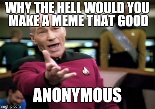 Picard Wtf Meme | WHY THE HELL WOULD YOU MAKE A MEME THAT GOOD ANONYMOUS | image tagged in memes,picard wtf | made w/ Imgflip meme maker