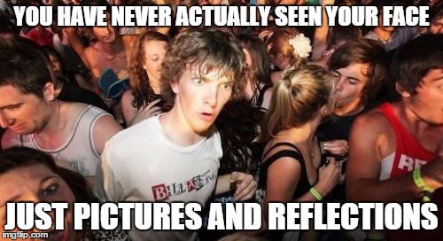 Sudden Clarity Clarence | YOU HAVE NEVER ACTUALLY SEEN YOUR FACE JUST PICTURES AND REFLECTIONS | image tagged in memes,sudden clarity clarence | made w/ Imgflip meme maker