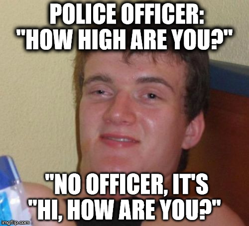 Its not his fault the cop doesnt have manners | POLICE OFFICER: "HOW HIGH ARE YOU?" "NO OFFICER, IT'S "HI, HOW ARE YOU?" | image tagged in memes,10 guy | made w/ Imgflip meme maker