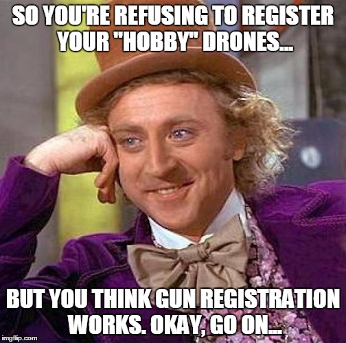 Creepy Condescending Wonka Meme | SO YOU'RE REFUSING TO REGISTER YOUR "HOBBY" DRONES... BUT YOU THINK GUN REGISTRATION WORKS. OKAY, GO ON... | image tagged in memes,creepy condescending wonka | made w/ Imgflip meme maker