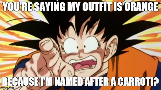 goku | YOU'RE SAYING MY OUTFIT IS ORANGE BECAUSE I'M NAMED AFTER A CARROT!? | image tagged in goku | made w/ Imgflip meme maker